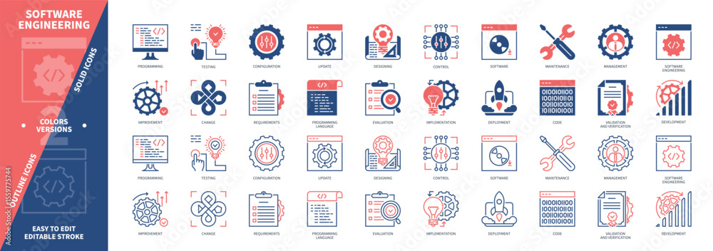 Poster software engineering icon set. maintenance, designing, software, programming, deployment, implementa