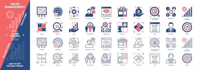 Sales Management icon set. Business Process, Commerce, Strategy, Planning, Personal Selling, Forecasting, CRM. Duotone color solid and editable outline icons