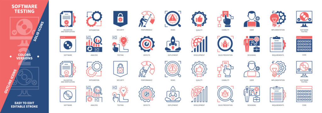 Software Testing icon set. Code, Integration, Bugs Prevention, Quality, Security, Requirements, Development, Usability. Duotone color solid and editable outline icons