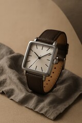 A stylish wristwatch, showing the time with a square silver face, and brown leather strap. The watch rests elegantly on a neutral-toned fabric