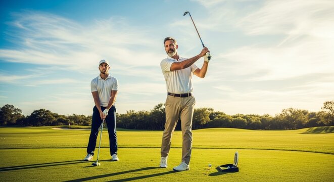 golfer frozen mid-swing in a clear silhouette, body posture emphasizing technique. golf learning - Powered by Adobe