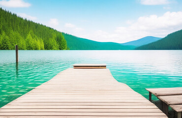 Wooden Dock Overlooking Turquoise Lake and Forested Mountains