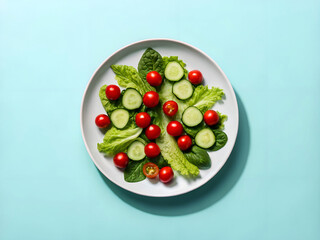 Fresh Cucumber, Tomato, and Basil Salad on White Plate; Vibrant, Healthy, Minimalist Food Photography ai generated