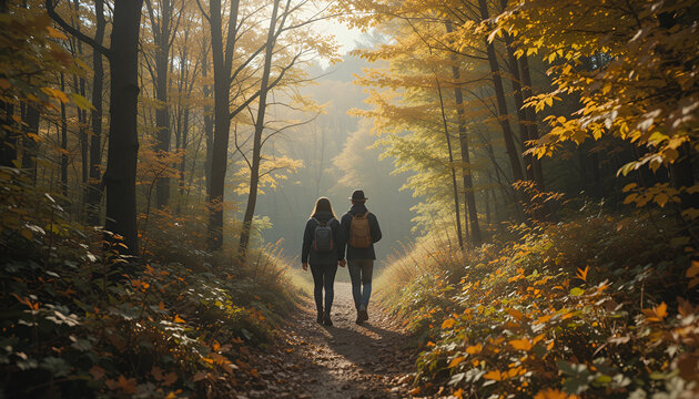 A couple enjoys a peaceful autumn stroll through a forest with trees displaying golden leaves on a tranquil sunny day.