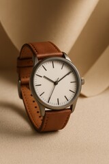 A stylish wristwatch with a brown leather strap, exuding timeless elegance and sophistication. The watch features a minimalist design with a clean white dial and sleek hands.