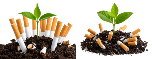 Young Green Plant Growing Amid Used Cigarette Butts on Soil, Environmental Pollution Concept, Isolated PNG