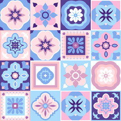 Colorful vintage tiles creating a seamless pattern with floral designs, ideal for backgrounds, textures, textiles, wrapping paper, scrapbooking and other creative projects