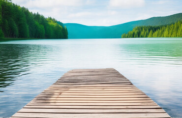Wooden Dock Overlooking Turquoise Lake and Forested Mountains