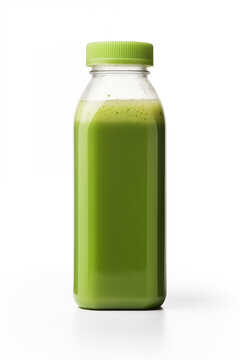 A bottle filled with a vibrant green liquid against a plain white background
