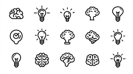 A collection of brain and light bulb icons representing different aspects of creativity innovation and intellectual problem solving