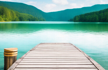 Wooden Dock Overlooking Turquoise Lake and Forested Mountains