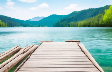 Wooden Dock Overlooking Turquoise Lake and Forested Mountains