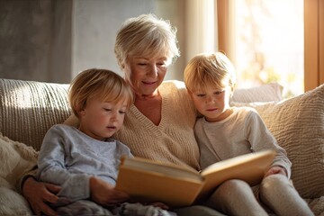 Obraz premium A grandmother reading to her grandchildren on the couch with soft warm light casting gentle shadows and creating