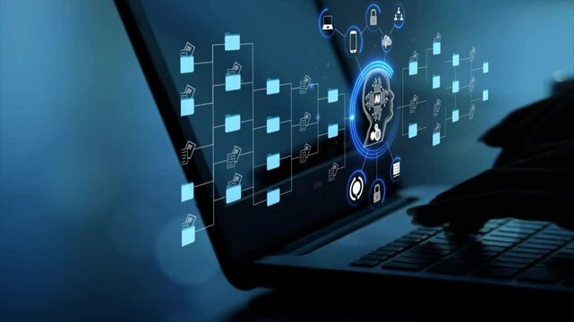 Ai Futuristic holographic interface of a file manager, folder structure with documents and data scanning, digital document storage software, cloud database, search and manage documents, paperless