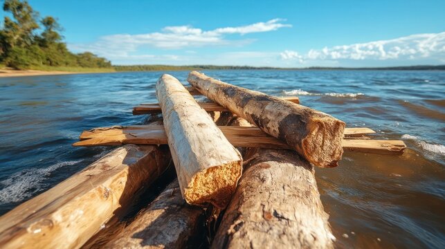 Close-up Of Wooden Logs Floating On Water Surface Under Bright Blue Sky With Green Shoreline In Background