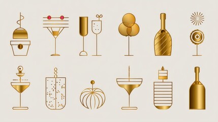 Collection of various alcohol based drinks and decorative glassware in a stylized golden aesthetic