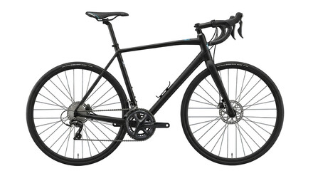 A sleek matte black road bicycle is displayed against a minimalist black backdrop showcasing design.
