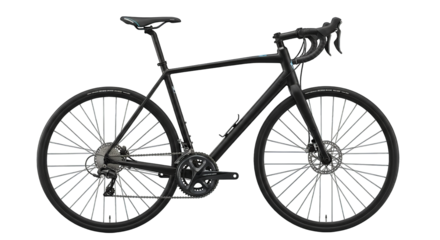 A sleek matte black road bicycle is displayed against a minimalist black backdrop showcasing design.