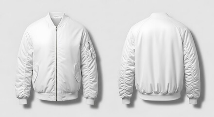 White bomber jacket with zippered sleeve pocket and front zipper outerwear clothing