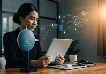 Businesswoman using tablet and IoT device for secure data access