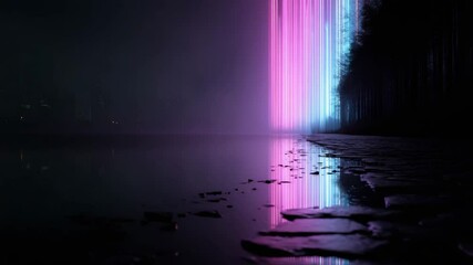 Neon  Background.  Vibrant pink and blue neon lights illuminate a misty, frozen riverbank at night, creating a surreal and atmospheric scene with captivating reflections on the icy water. - Powered by Adobe