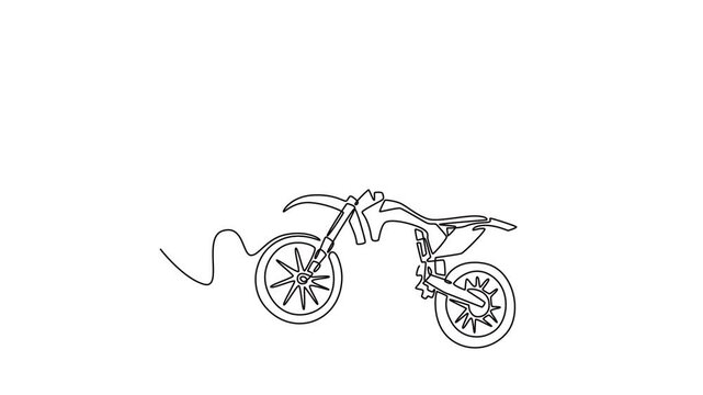 Animated self drawing of continuous line draw attractive motorcyclist performing tricks at motocross freestyle event. Showcasing remarkable balance and daring expertise. Full length one line animation