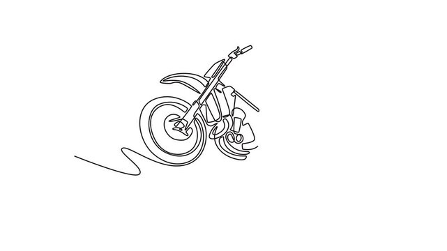 Self drawing animation of single line draw athlete riding an extreme motorcycle at freestyle motocross competition, performing acrobatic stunts in the air. Continuous line draw. Full length animated