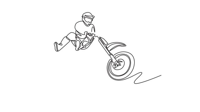 Self drawing animation of single line draw freestyle motocross stunt rider doing a jump and perform acrobatic stunt flying. Sports skills, balance and adrenaline. Continuous line. Full length animated