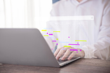 Milestones management shows a Gantt timeline chart. Concept of managing business project plans in software, organizing schedules in digital calendars. progress planner, work update, diagram design