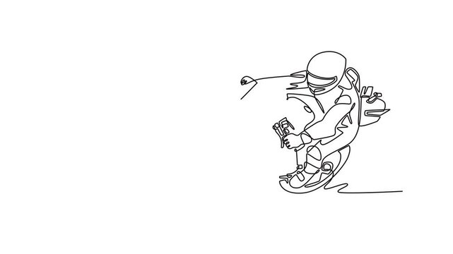 Animated self drawing of continuous line draw attractive rider on sport motorcycle leaning and dragging knee. Active moto racer practice to improve speed at circuit. Full length single line animation