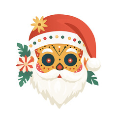 Colorful sugar skull style Santa Claus face with floral folk patterns festive vector. Festive Dia de los Muertos Santa Head