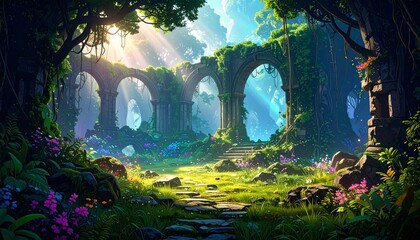 Enchanted Forest Ruins: A Sunlit Path Through Time
