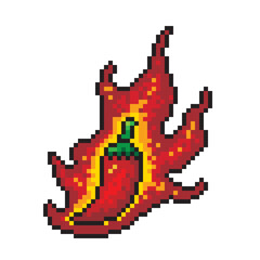 Red chili in flames, pixel style, on white background.