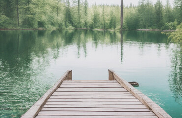 Wooden Dock Overlooking Turquoise Lake and Forested Mountains