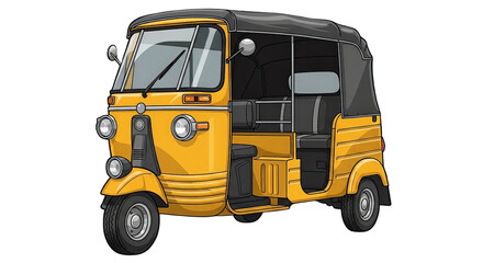 A vibrant yellow auto rickshaw displayed with meticulous detail in a cartoon illustration style.