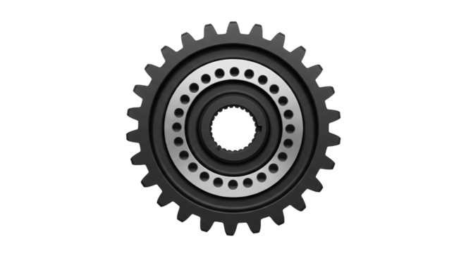 A gear assembly with a toothed outer ring and a ring with holes suggests mechanical precision