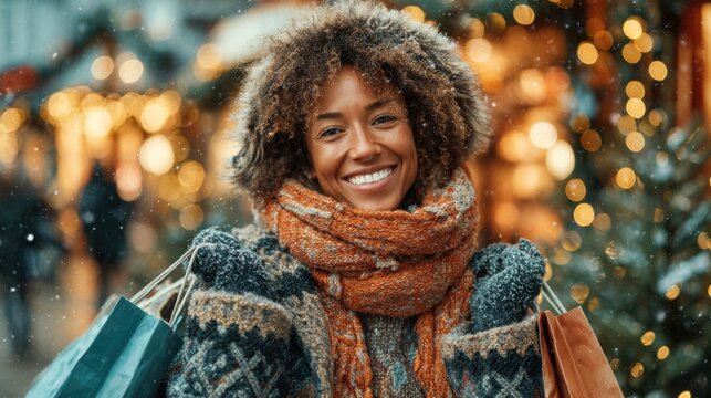 Smiling woman bundled in warm sweater and scarf holds shopping bags while strolling through a winter market decorated with lights and snow falling gently.