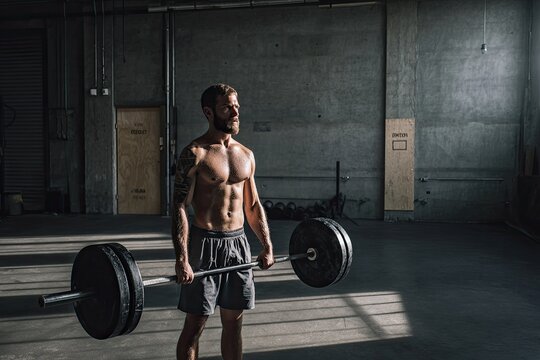 A man lifting weights in a warehouse gym with high-contrast side lighting casting dramatic shadows metal textures and
