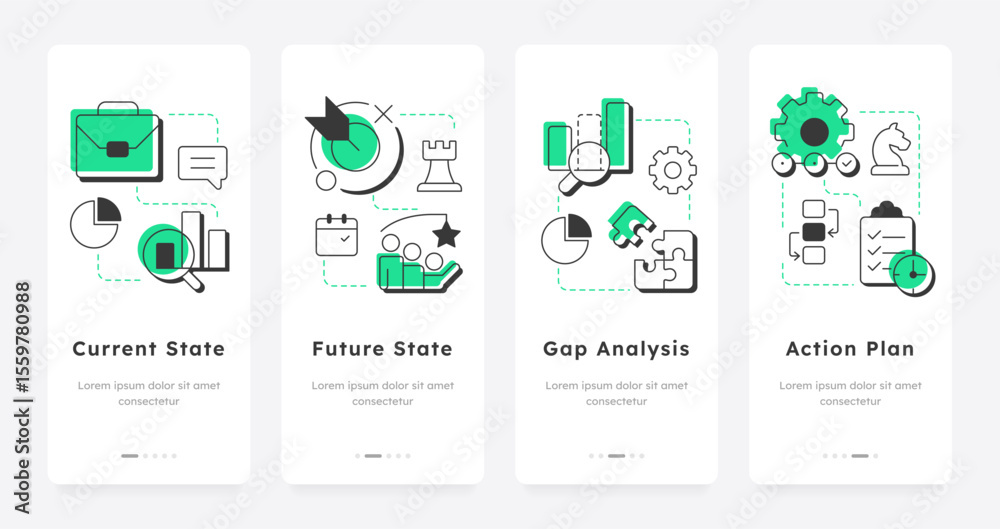 Poster stages of gap analysis mobile app onboarding screens. business data research. performance developmen