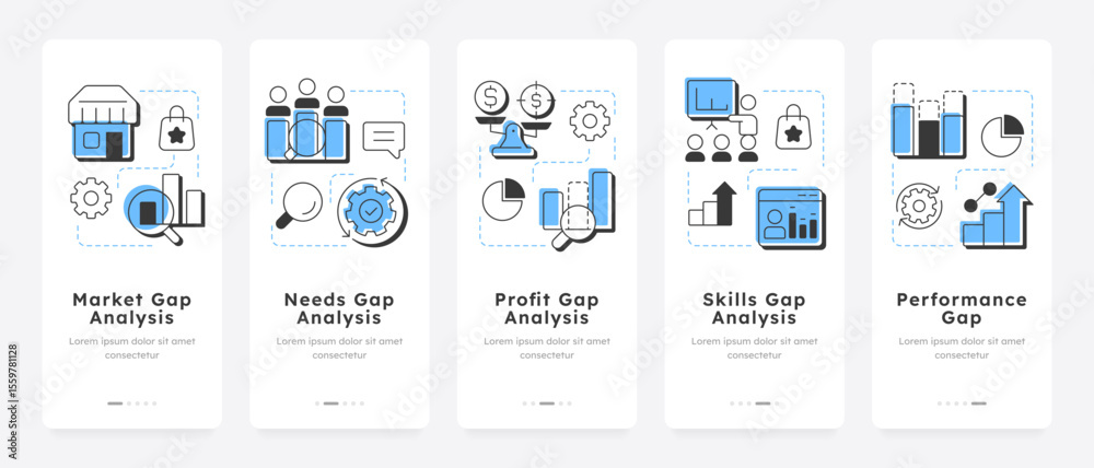 Wall mural types of gap analysis mobile app onboarding screens. data research methods. corporate performance ma