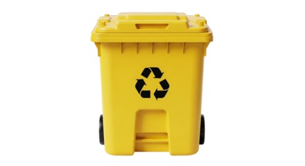A yellow recycling bin with a recycling symbol, illustrating waste management and environmental