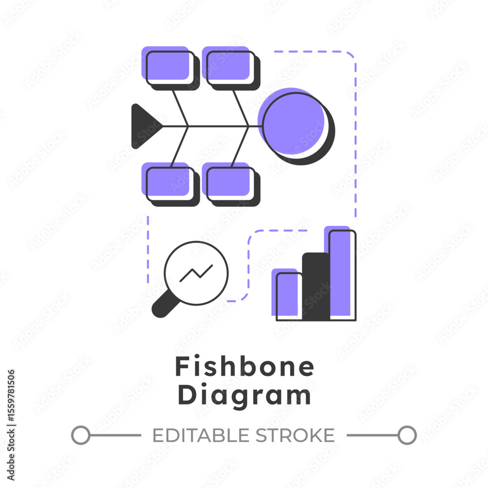 Poster fishbone diagram modern linear concept icon. identify root causes of problem. gap analysis tool. bus