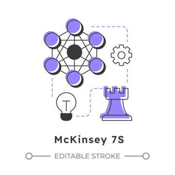 McKinsey 7S modern linear concept icon. Diagnostic framework for evaluating organization. Gap analysis tool. Flat outline elements connected with dotted lines. Creative visual. Easy to edit