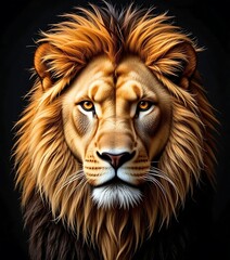 Fototapeta premium Majestic lion portrait with golden mane , realistic lion face art with amber eyes , powerful lion head illustration with detailed mane , digital lion artwork for home decor
