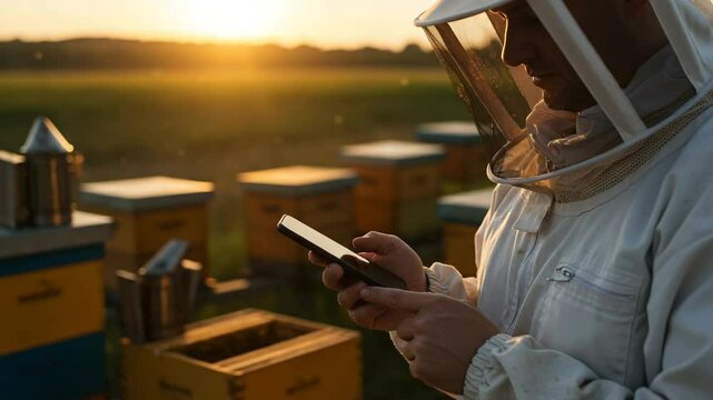 Beekeeper checking data on mobile phone while managing hives in rural outdoor setting
