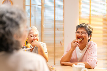 Group of Happy Asian senior women friends have afternoon tea meeting party at home. Elderly retired...