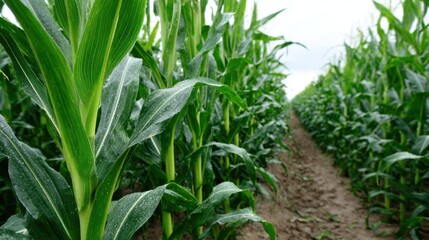 Obraz premium Tall, green corn plants thrive in well-maintained rows within a farmland setting, showing healthy growth after recent rain. The cloudy sky provides indirect light, ideal for farming.