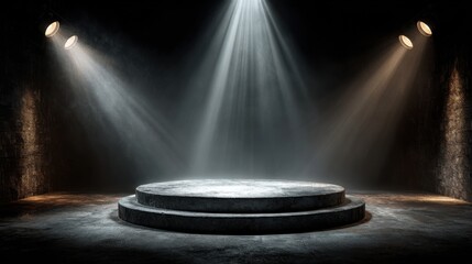 Circular stage surrounded by dark walls illuminated by bright spotlights. The atmosphere is moody, creating a sense of anticipation for a performance or event.