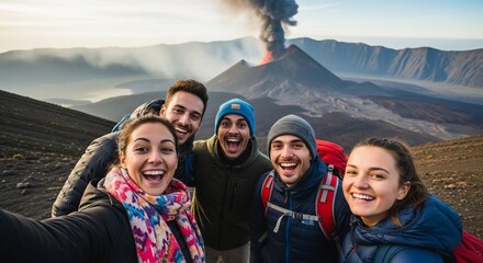 Adventurous group takes selfie near erupting volcano, showing joy and excitement amidst stunning natural scenery