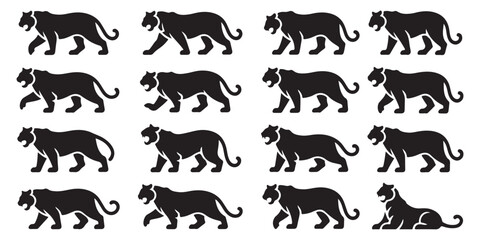 Fototapeta premium Monochrome Roaring Predators Set in Pattern Silhouette Style Depicting Powerful Black Panthers Hunting in the Shadows with Ferocious Grace